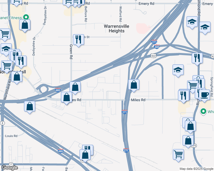 map of restaurants, bars, coffee shops, grocery stores, and more near 23756 Banbury Circle in Warrensville Heights