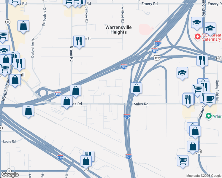 map of restaurants, bars, coffee shops, grocery stores, and more near 23756 Banbury Circle in Warrensville Heights