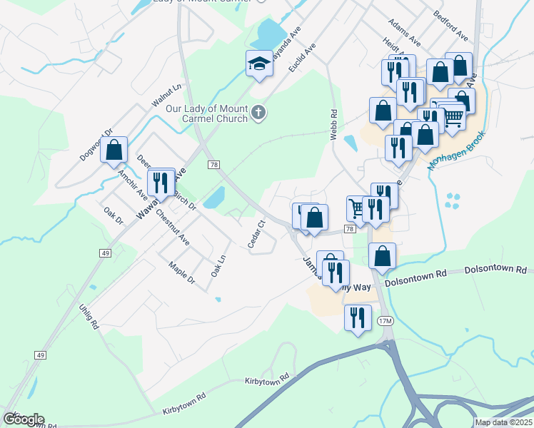 map of restaurants, bars, coffee shops, grocery stores, and more near 11 Peach Place in Middletown