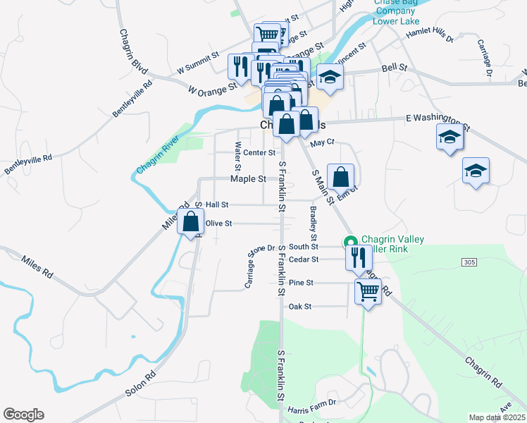 map of restaurants, bars, coffee shops, grocery stores, and more near 29 Hall Street in Chagrin Falls
