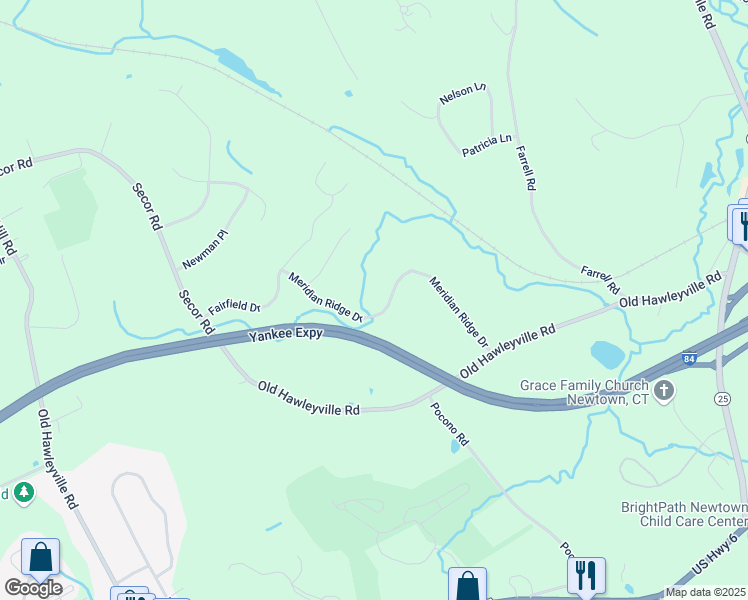 map of restaurants, bars, coffee shops, grocery stores, and more near 21 Meridian Ridge Drive in Newtown