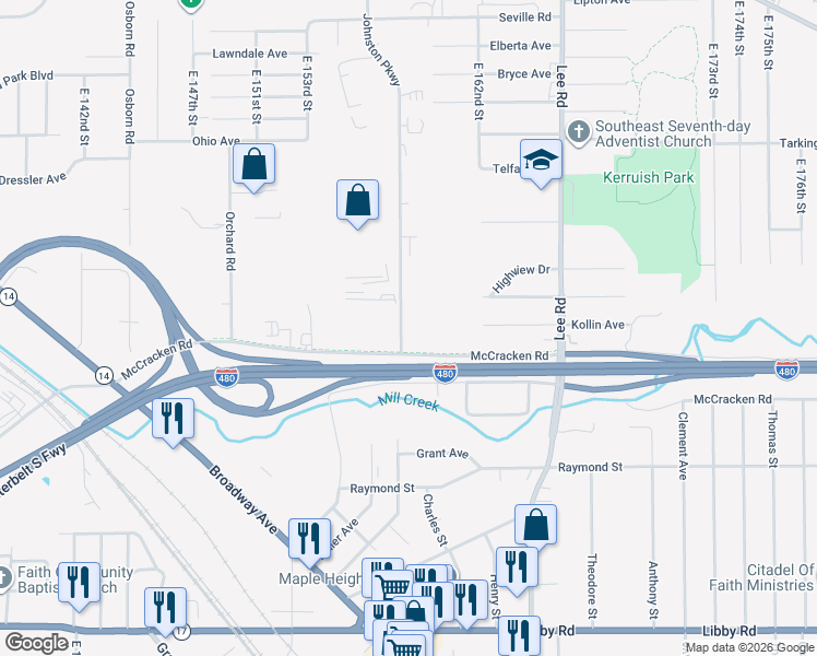 map of restaurants, bars, coffee shops, grocery stores, and more near 4967 Johnston Parkway in Garfield Heights