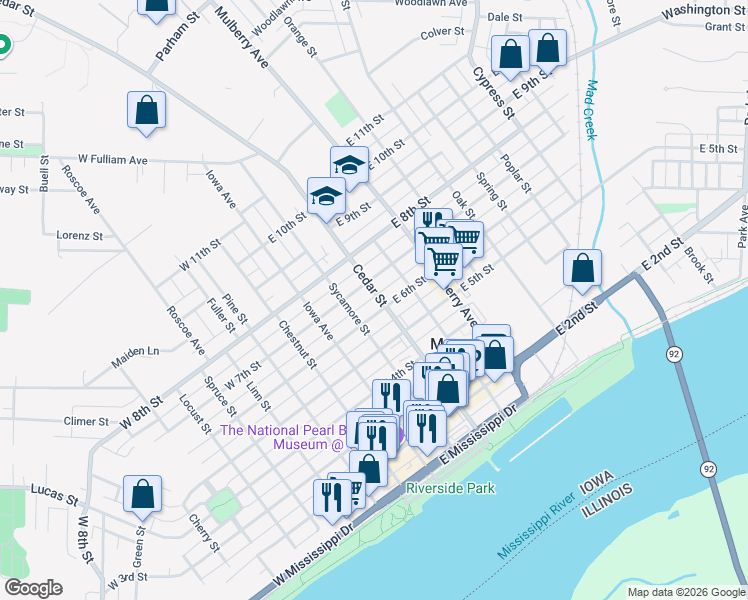 map of restaurants, bars, coffee shops, grocery stores, and more near 200-298 East 6th Street in Muscatine