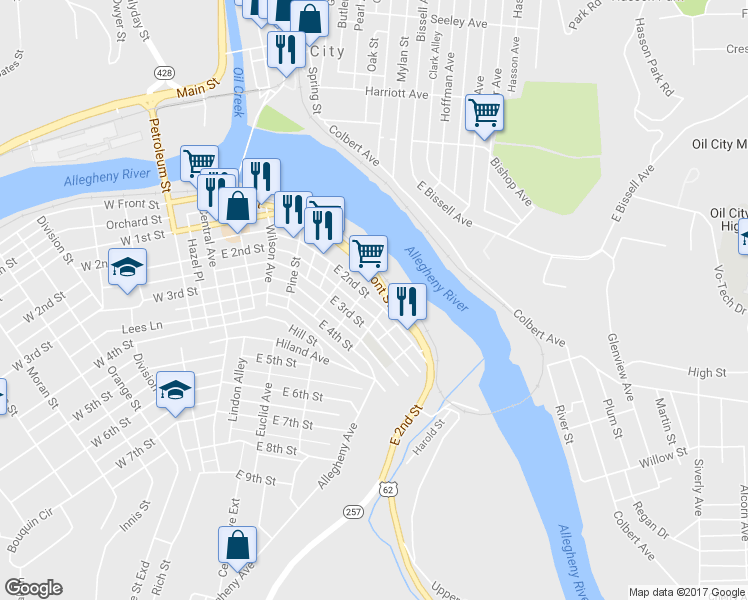 map of restaurants, bars, coffee shops, grocery stores, and more near 716 East 2nd Street in Oil City