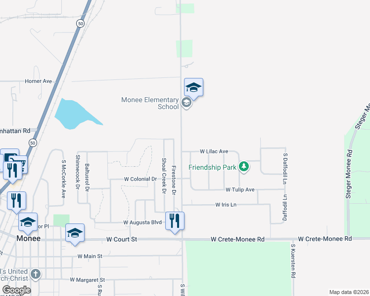 map of restaurants, bars, coffee shops, grocery stores, and more near 4798 West Lilac Avenue in Monee