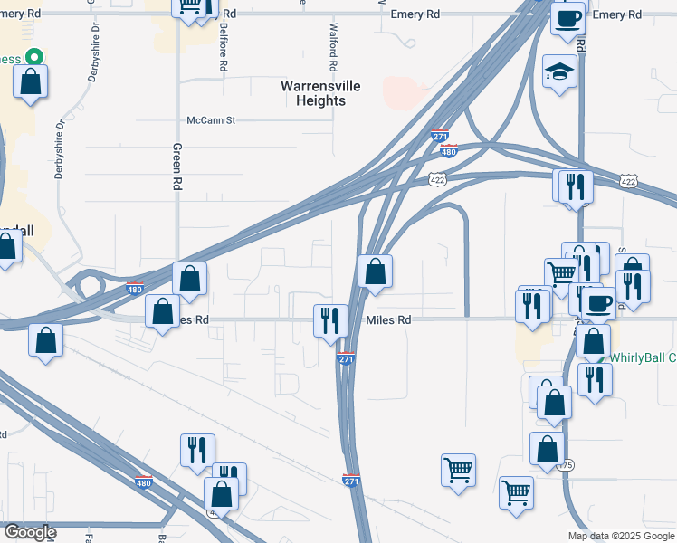 map of restaurants, bars, coffee shops, grocery stores, and more near 4925 Banbury Court in Warrensville Heights
