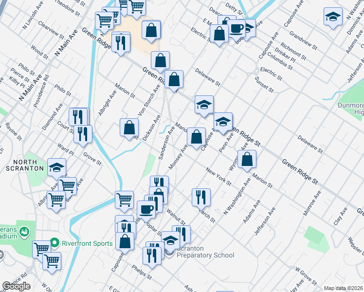 map of restaurants, bars, coffee shops, grocery stores, and more near 102 Monsey Avenue in Scranton