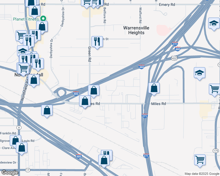 map of restaurants, bars, coffee shops, grocery stores, and more near 4958 Caroline Drive in Warrensville Heights