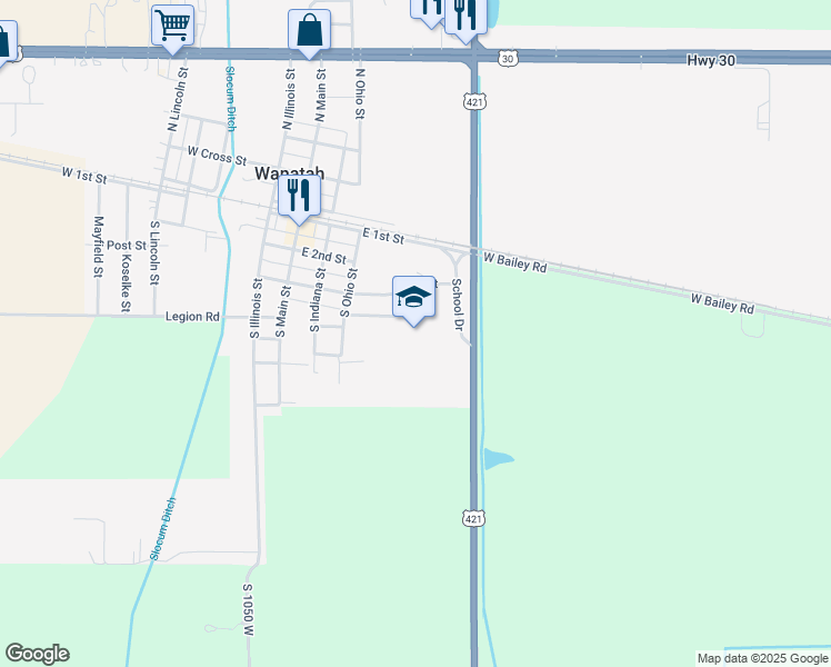 map of restaurants, bars, coffee shops, grocery stores, and more near 309 School Drive in Wanatah