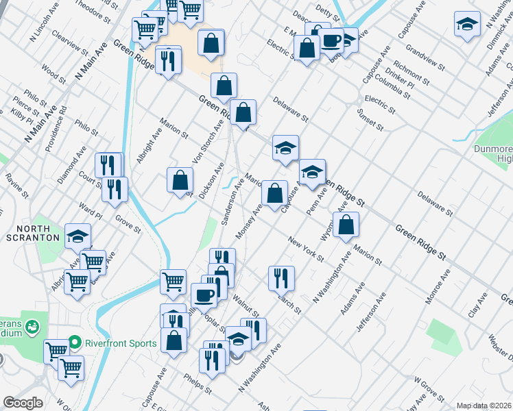 map of restaurants, bars, coffee shops, grocery stores, and more near 102 Monsey Avenue in Scranton