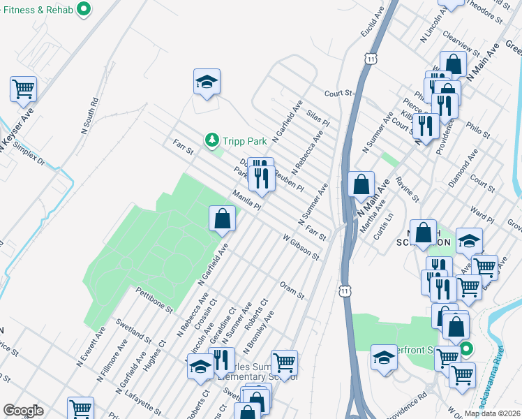 map of restaurants, bars, coffee shops, grocery stores, and more near 1598 Manila Pl in Scranton