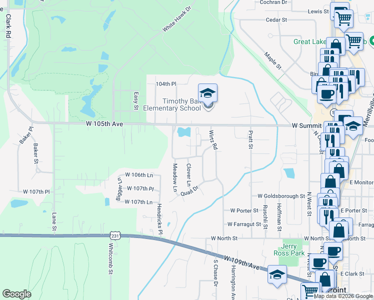map of restaurants, bars, coffee shops, grocery stores, and more near 801-861 Pheasant Dr in Crown Point