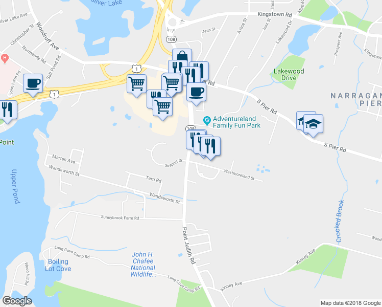 map of restaurants, bars, coffee shops, grocery stores, and more near 140 Point Judith Road in Narragansett