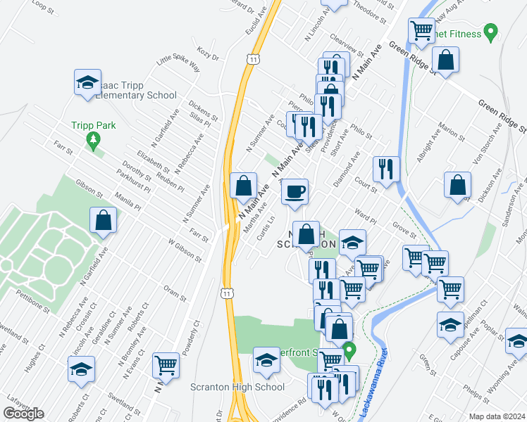 map of restaurants, bars, coffee shops, grocery stores, and more near 1000 Mount Vernon Avenue in Scranton
