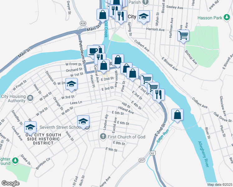 map of restaurants, bars, coffee shops, grocery stores, and more near 321 State Street in Oil City