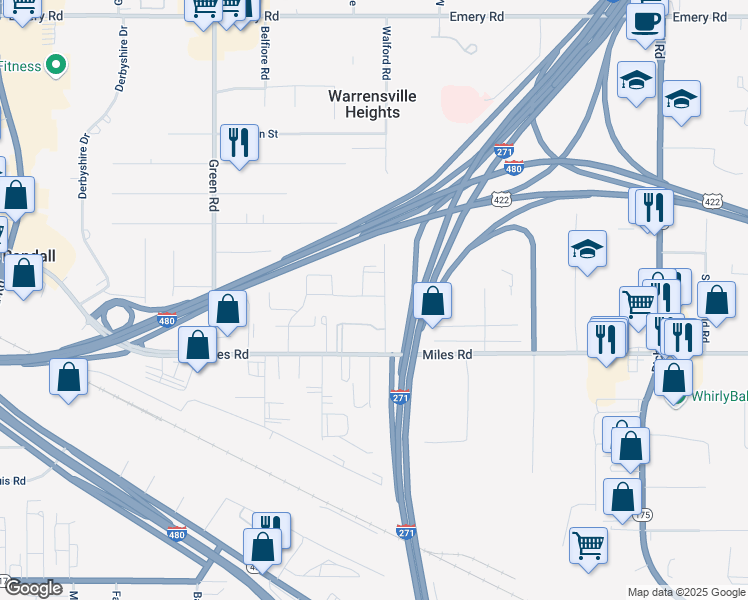 map of restaurants, bars, coffee shops, grocery stores, and more near 23980 Banbury Circle in Warrensville Heights