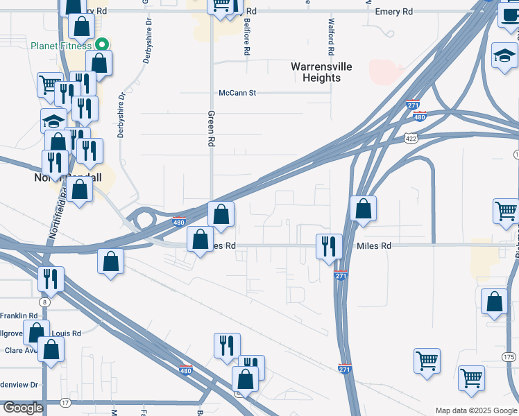 map of restaurants, bars, coffee shops, grocery stores, and more near 4958 Caroline Drive in Warrensville Heights