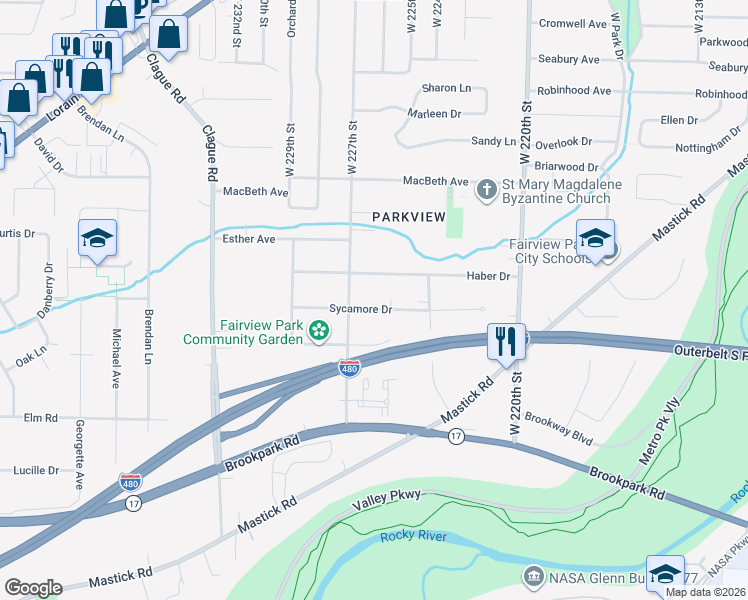 map of restaurants, bars, coffee shops, grocery stores, and more near 22685 Sycamore Drive in Fairview Park