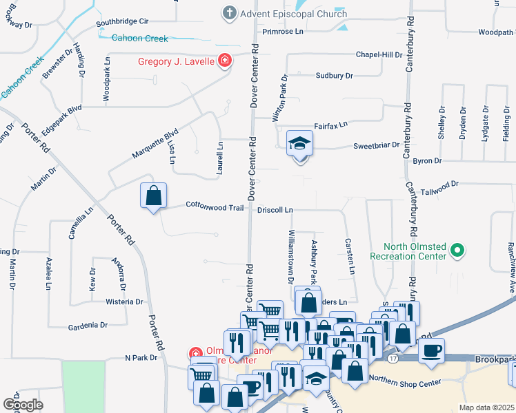 map of restaurants, bars, coffee shops, grocery stores, and more near 4387 Dover Center Road in North Olmsted