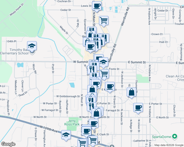 map of restaurants, bars, coffee shops, grocery stores, and more near 714 North Main Street in Crown Point