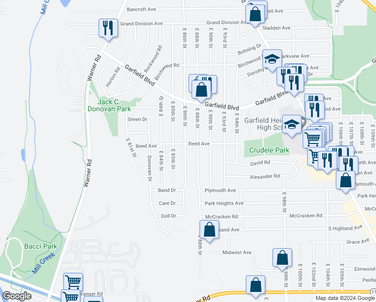 map of restaurants, bars, coffee shops, grocery stores, and more near 4913 East 86th Street in Garfield Heights