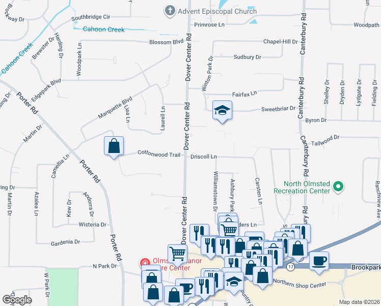 map of restaurants, bars, coffee shops, grocery stores, and more near 4387 Dover Center Road in North Olmsted