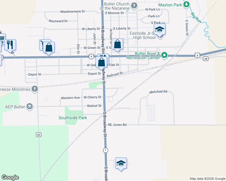 map of restaurants, bars, coffee shops, grocery stores, and more near 111 East Cherry Street in Butler