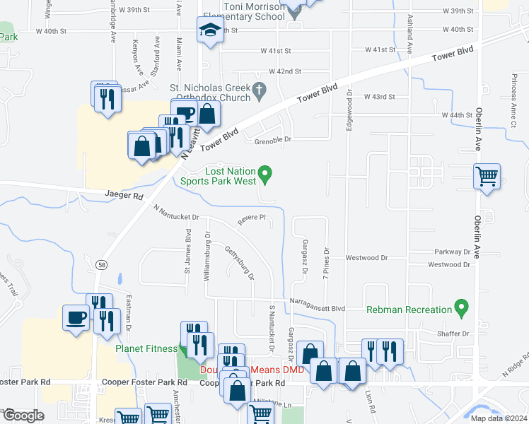 map of restaurants, bars, coffee shops, grocery stores, and more near 1822 Revere Place in Lorain