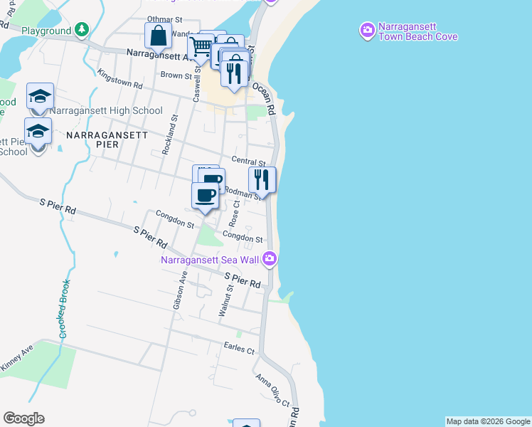map of restaurants, bars, coffee shops, grocery stores, and more near 135 Ocean Road in Narragansett