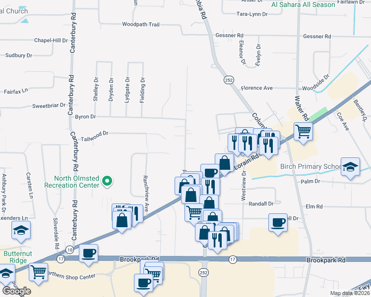 map of restaurants, bars, coffee shops, grocery stores, and more near 4371 Root Road in North Olmsted