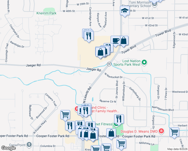map of restaurants, bars, coffee shops, grocery stores, and more near 4804 North Leavitt Road in Lorain