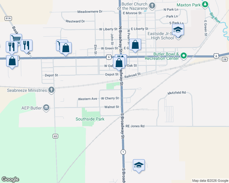 map of restaurants, bars, coffee shops, grocery stores, and more near 101-199 W Cherry St in Butler