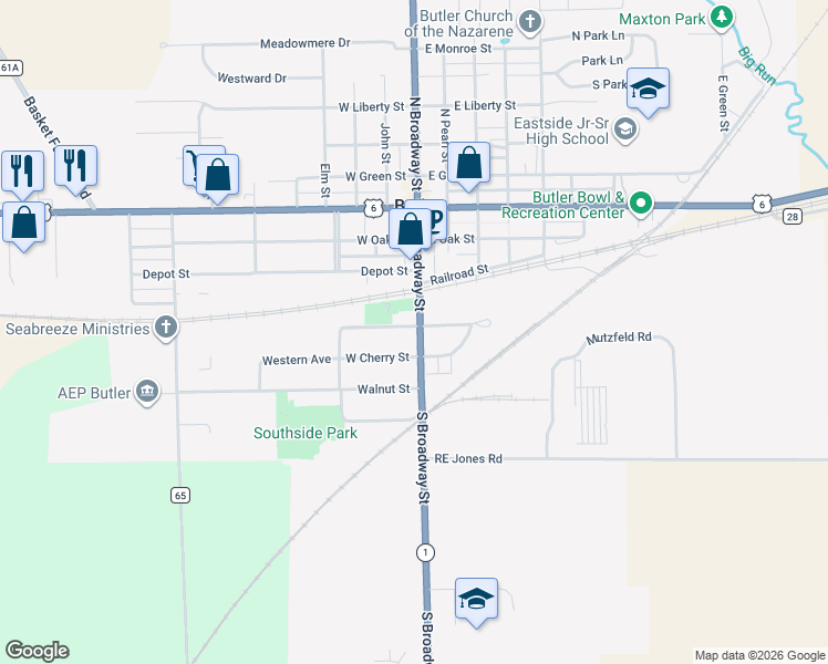 map of restaurants, bars, coffee shops, grocery stores, and more near 101-199 W Cherry St in Butler