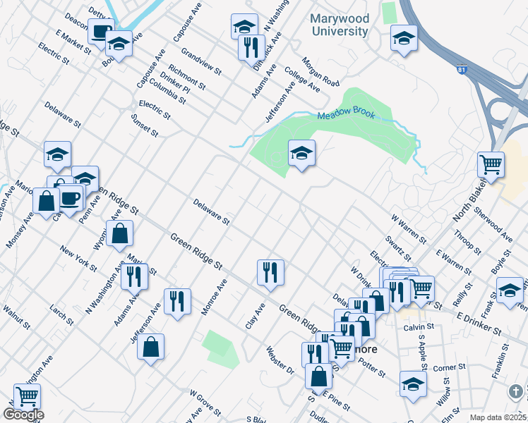 map of restaurants, bars, coffee shops, grocery stores, and more near 1714 Monroe Avenue in Dunmore