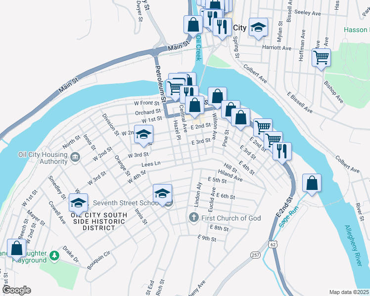 map of restaurants, bars, coffee shops, grocery stores, and more near 317 Central Avenue in Oil City