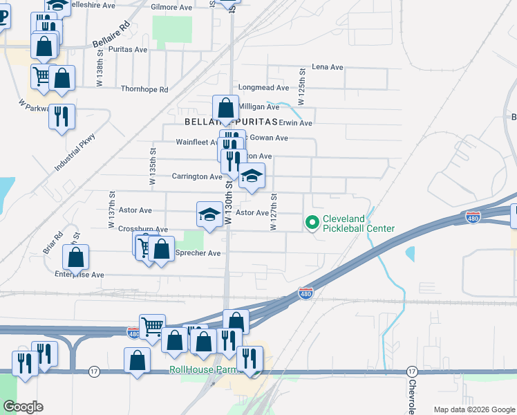 map of restaurants, bars, coffee shops, grocery stores, and more near 12813 Astor Avenue in Cleveland