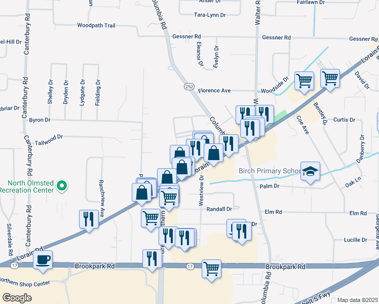 map of restaurants, bars, coffee shops, grocery stores, and more near 25157 Carlton Park in North Olmsted