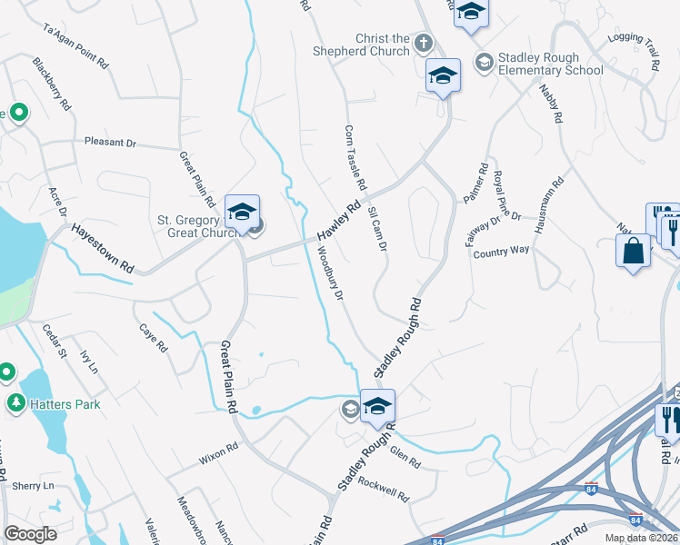 map of restaurants, bars, coffee shops, grocery stores, and more near 13 Woodbury Drive in Danbury