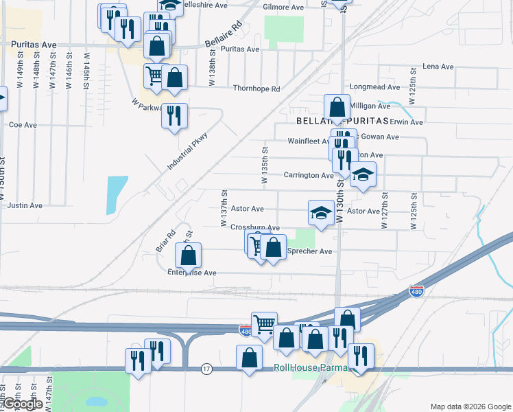 map of restaurants, bars, coffee shops, grocery stores, and more near 13512 Crossburn Avenue in Cleveland