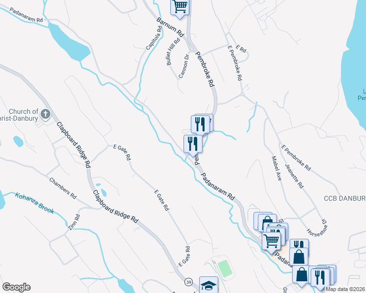 map of restaurants, bars, coffee shops, grocery stores, and more near 79 Padanaram Road in Danbury