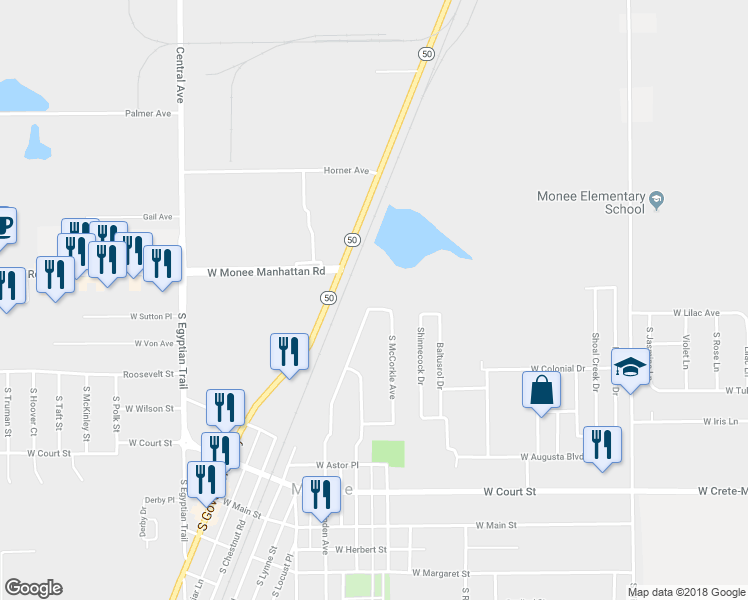 map of restaurants, bars, coffee shops, grocery stores, and more near 25528 South Linden Avenue in Monee