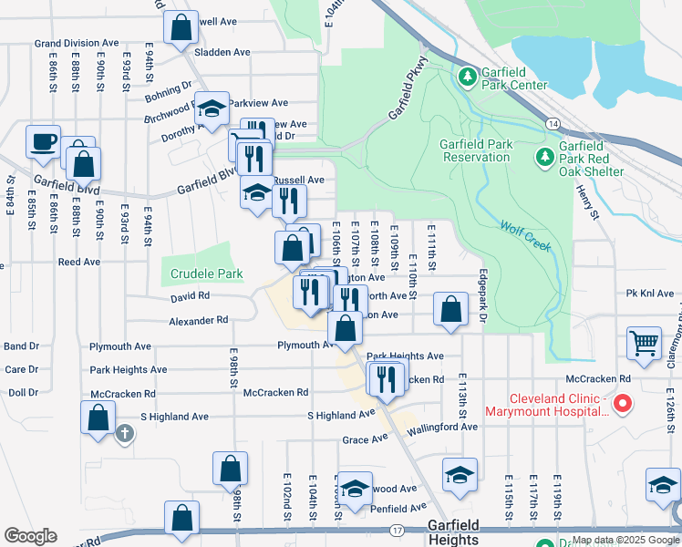map of restaurants, bars, coffee shops, grocery stores, and more near 4953 East 106th Street in Garfield Heights