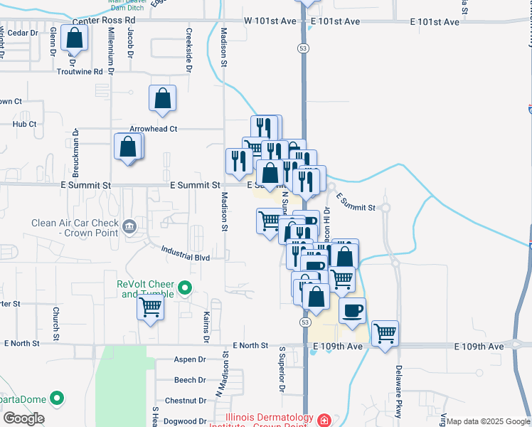 map of restaurants, bars, coffee shops, grocery stores, and more near 865 North Superior Drive in Crown Point
