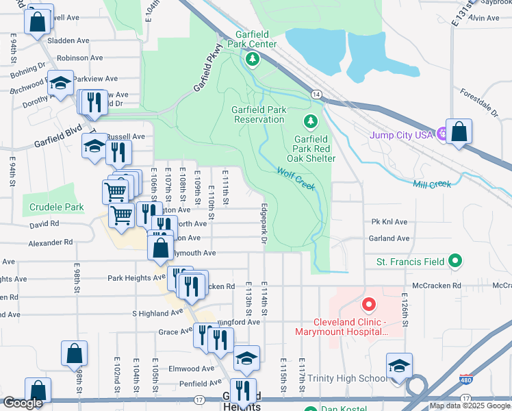 map of restaurants, bars, coffee shops, grocery stores, and more near 4970 Edgepark Drive in Garfield Heights