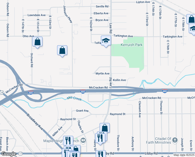 map of restaurants, bars, coffee shops, grocery stores, and more near 16225 Kollin Avenue in Cleveland