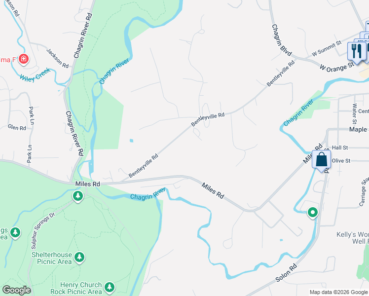 map of restaurants, bars, coffee shops, grocery stores, and more near 389 Bentleyville Road in Moreland Hills