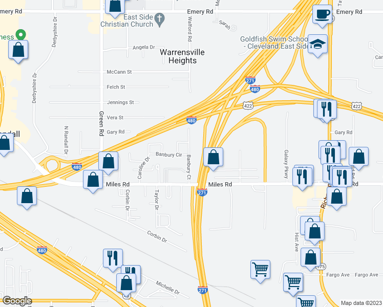 map of restaurants, bars, coffee shops, grocery stores, and more near 23980 Banbury Circle in Warrensville Heights