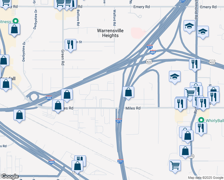 map of restaurants, bars, coffee shops, grocery stores, and more near 23980 Banbury Circle in Warrensville Heights