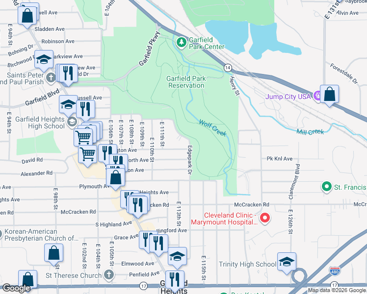 map of restaurants, bars, coffee shops, grocery stores, and more near 4970 Edgepark Drive in Garfield Heights