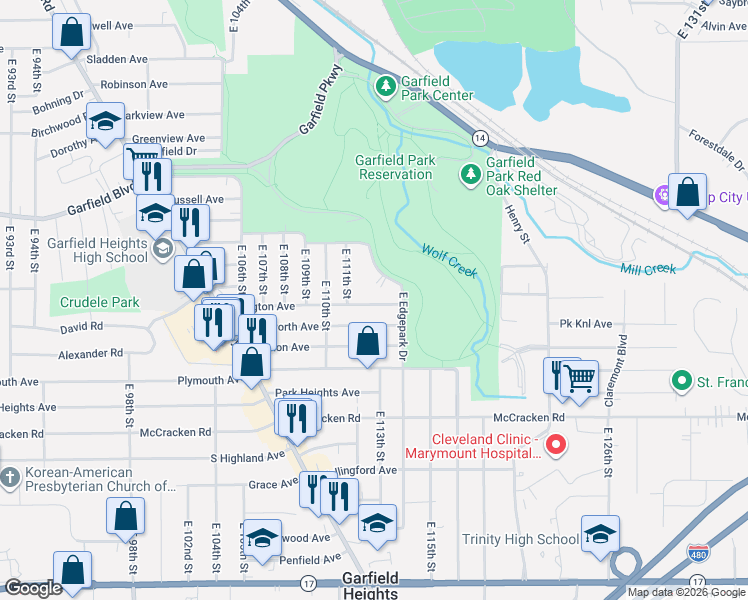 map of restaurants, bars, coffee shops, grocery stores, and more near 11119 Wadsworth Avenue in Garfield Heights